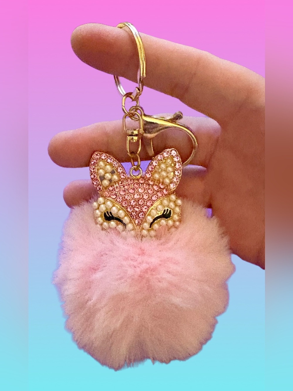 Pink Fox Pom Pom Keychain with Crystal and Pearl Accents